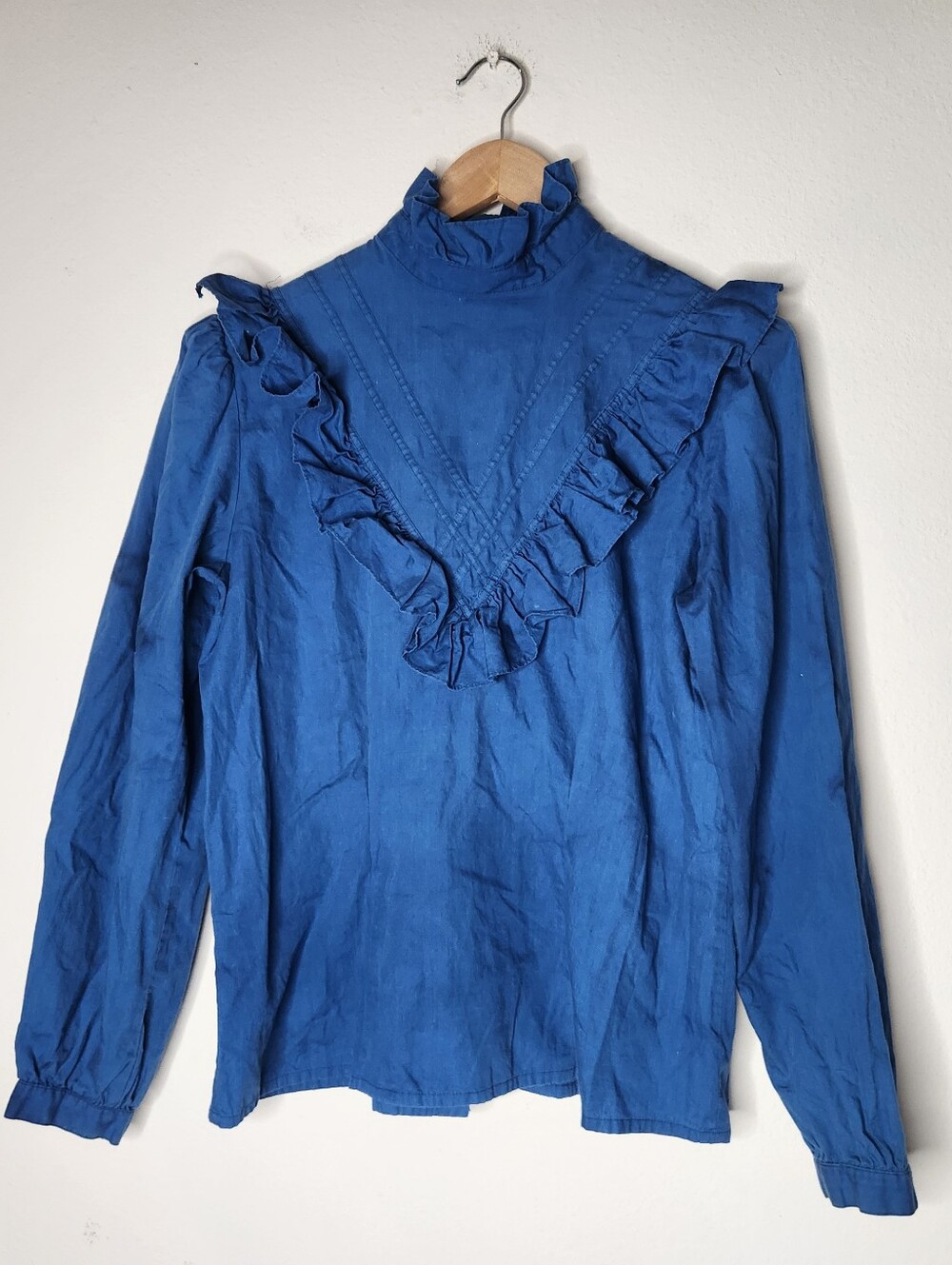 Vintage Janine Womens Medium Blue Button Back Ruffle Western Long Sleeve Top